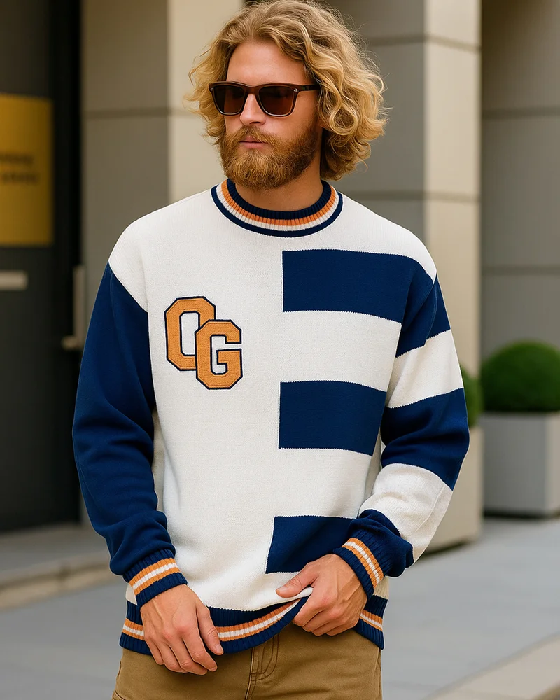 bewakoof Men's White & Blue Color Block Oversized Sweater